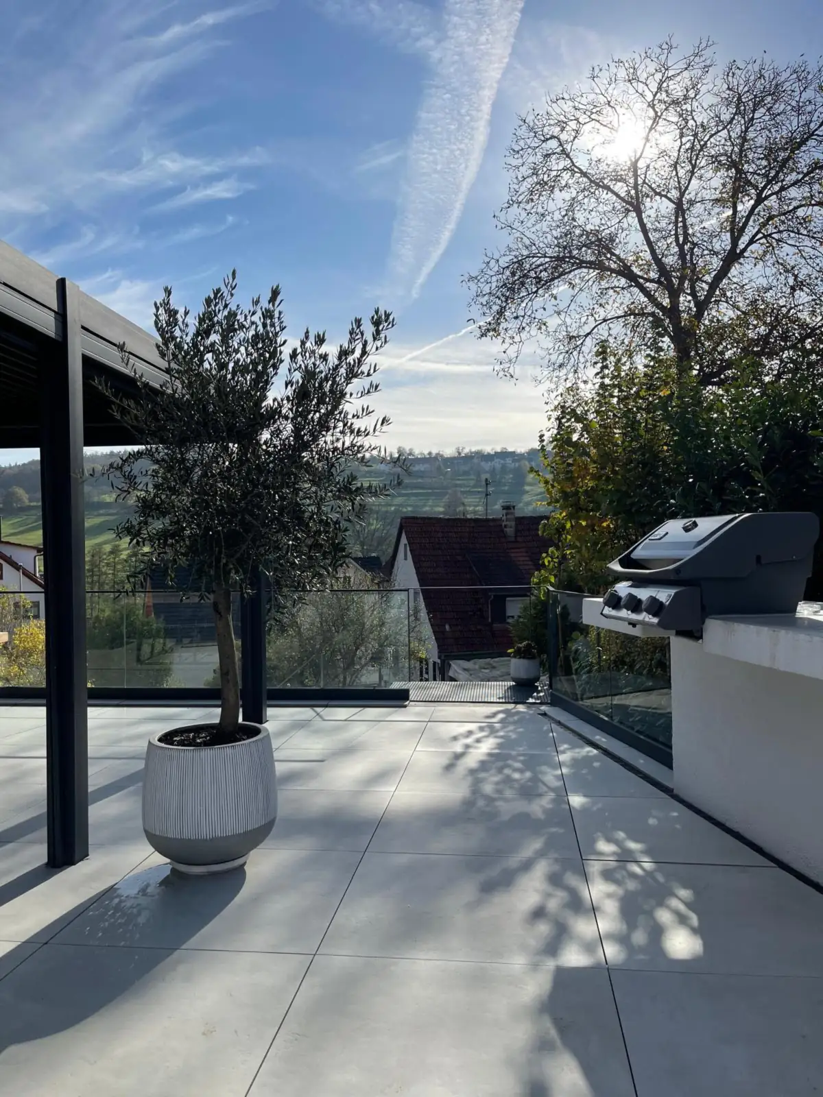 Terrasse mit Olivenbaum und Glasgeländer